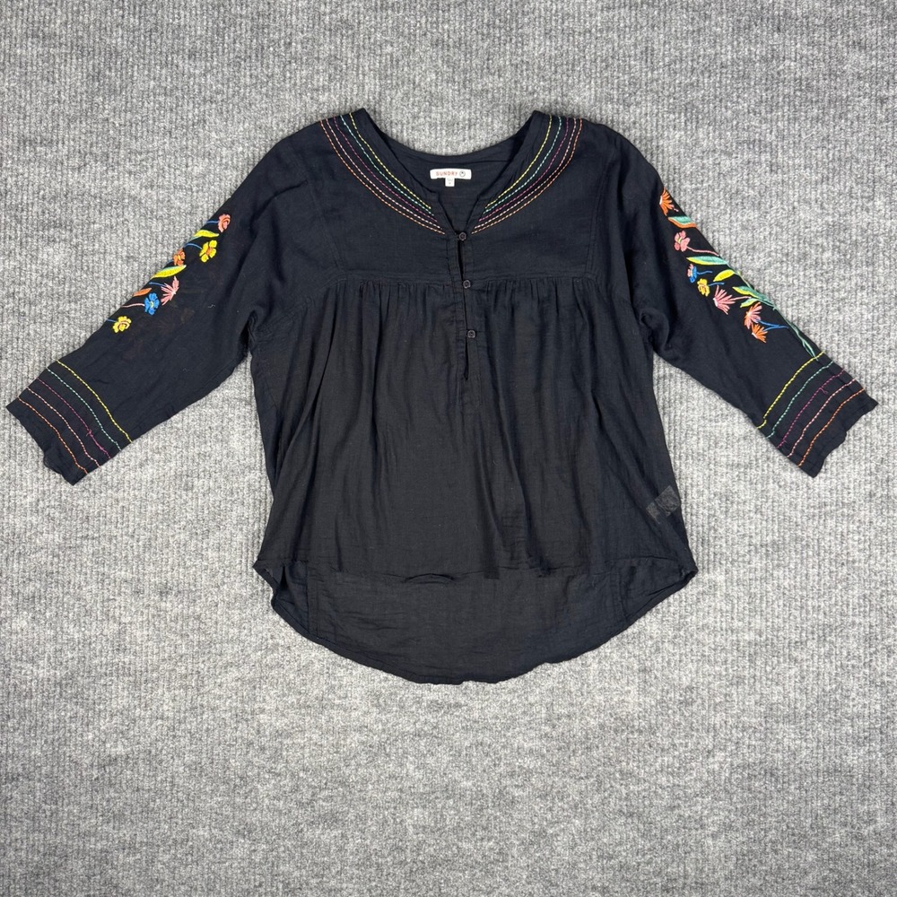 Sundry Peasant Blouse Womens XS Embroidered Floral Cotton Semi Sheer Boho Hippie